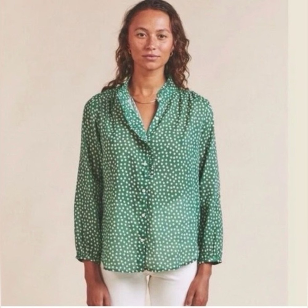 Trovata Birds of Paradis Blouse Green Polka Dot Ruffle Collar Ramie Cotton